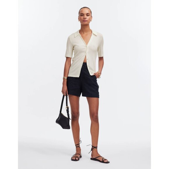 Madewell Cutaway Hem Polo Top Women XXS  Creme Fraiche Ivory SS Ribbed Button-Up - Picture 12 of 16